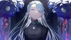 Rule 34 | 1girl, black background, black shirt, blue eyes, blue flower, blue hair, breasts, commentary request, earrings, expressionless, floral background, flower, head tilt, highres, jewelry, light blue hair, long hair, looking at viewer, medium breasts, nagihara suzuna, necklace, riot music, sa jitsu, shirt, simple background, single earring, solo, virtual youtuber