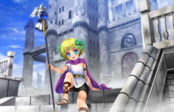 Rule 34 | 1girl, ankle lace-up, bike shorts, blonde hair, blue eyes, blush, cape, castle, child, cross-laced footwear, day, dragon quest, dragon quest v, female focus, hair ribbon, hero&#039;s daughter (dq5), machicolations, mutsuki (moonknives), open mouth, polearm, ribbon, sandals, short hair, sitting, smile, solo, square enix, staff, stairs, tower, tunic, weapon