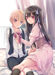 Rule 34 | 1boy, 1girl, age difference, arm support, black hair, black vest, blonde hair, blue eyes, blue ribbon, blush, breasts, closed mouth, cocoa (cafe-hotcocoa), collarbone, dress, dress shirt, hair between eyes, hair ribbon, juliet sleeves, long hair, long sleeves, looking at viewer, medium breasts, on bed, open clothes, open vest, original, pink dress, puffy sleeves, red eyes, ribbon, sash, shirt, short hair, shorts, smile, tress ribbon, two side up, unbuttoned, vest, white shirt