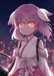 Rule 34 | 1girl, backpack, bag, bare shoulders, blurry, blurry background, closed mouth, commentary request, depth of field, glowing, glowing eyes, hair ribbon, haizakura (prima doll), highres, japanese clothes, kimono, long sleeves, looking at viewer, nakamura hinato, obi, pink hair, prima doll, red eyes, ribbon, sash, signature, solo, white kimono, white ribbon