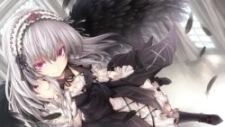 Rule 34 | 1girl, black wings, blush, doll joints, dress, feathers, gothic lolita, hairband, highres, joints, lolita fashion, lolita hairband, long hair, looking at viewer, red eyes, rozen maiden, silver hair, smile, solo, suigintou, tousen, wings
