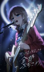 Rule 34 | 1girl, :o, absurdres, belt, blue eyes, blue ribbon, blue skirt, blush, breasts, brown hair, check instrument, chromatic aberration, coat, collared shirt, commentary request, cowboy shot, dark background, electric guitar, fender telecaster, fuka (pixiv 84081952), girls band cry, guitar, highres, holding, holding guitar, holding instrument, instrument, iseri nina, light particles, long sleeves, looking ahead, low twintails, medium hair, microphone, music, neck ribbon, nose blush, open clothes, open coat, open mouth, playing guitar, playing instrument, pleated skirt, red coat, ribbon, shirt, short twintails, singing, skirt, small breasts, solo, sparkle, sweat, teeth, thick eyelashes, three quarter view, translation request, twintails, upper teeth only, v-shaped eyebrows, white shirt