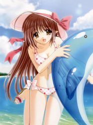 Rule 34 | beach, bikini, bra, breasts, cleavage, hair ribbon, hat, inflatable dolphin, inflatable toy, lingerie, long hair, navel, open mouth, pointy ears, red hair, ribbon, sandals, sun hat, swimsuit, thighhighs, underwear