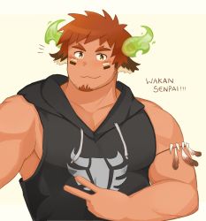 Rule 34 | 1boy, animal ears, bara, bare arms, bare shoulders, black shirt, brown eyes, brown hair, cow boy, cow ears, cow horns, dark-skinned male, dark skin, facial hair, fiery horns, forked eyebrows, glowing horns, goatee, highres, horns, large pectorals, looking at viewer, male focus, muscular, muscular male, official alternate costume, pectorals, shirt, short hair, sidepec, sleeveless, sleeveless shirt, smile, solo, spiked hair, thick eyebrows, tokyo houkago summoners, upper body, v, wakan tanka, watanukitail