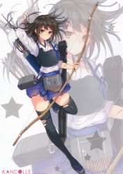 Rule 34 | 1girl, absurdres, arrow (projectile), black thighhighs, blue hakama, bow (weapon), brown eyes, brown hair, closed mouth, dirty, dirty face, full body, hakama, hakama short skirt, hakama skirt, highres, holding, holding weapon, japanese clothes, kaga (kancolle), kantai collection, leg up, long hair, mishima kurone, quiver, sandals, scan, skirt, solo, thighhighs, torn clothes, weapon, zettai ryouiki, zoom layer