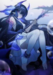 Rule 34 | 1girl, absurdres, anklet, arknights, barefoot, black dress, black hair, bubble, dress, hair between eyes, highmore (arknights), highres, holding, holding staff, infection monitor (arknights), jewelry, long hair, looking at viewer, pointy ears, solo, songchuan li, staff, thighhighs, toeless legwear, two-tone dress, underwater, white dress, white thighhighs
