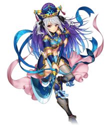 Rule 34 | 1girl, armor, black footwear, black ribbon, blue hair, breasts, breasts apart, cao cao (tokimeki general girls x), closed mouth, faulds, frown, full body, gradient hair, grey thighhighs, hair between eyes, hair ribbon, holding, holding polearm, holding spear, holding weapon, long hair, looking at viewer, medium breasts, multicolored hair, novel illustration, official art, polearm, purple hair, red eyes, ribbon, silver hair, solo, spear, thighhighs, tokimeki general girls x, transparent background, twintails, weapon