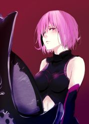 Rule 34 | 1girl, bare shoulders, clothing cutout, elbow gloves, fate/grand order, fate (series), gloves, hair over one eye, highres, mash kyrielight, navel cutout, npt (calpis), pink hair, red eyes, shield, solo
