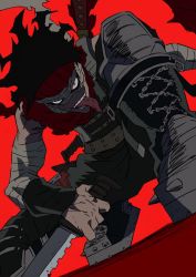 Rule 34 | 10s, 1boy, arai hiroki, black hair, boku no hero academia, boots, full body, grey background, highres, knife, long tongue, looking at viewer, male focus, red background, red eyes, red scarf, scarf, simple background, sleeveless, smile, solo, squatting, stain (boku no hero academia), sword, teeth, tongue, tongue out, weapon