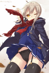 Rule 34 | 1girl, ahoge, artoria pendragon (all), artoria pendragon (fate), black panties, black thighhighs, blonde hair, blue shirt, blue skirt, blush, coat, drawstring, fate/grand order, fate (series), from below, garter belt, garter straps, glasses, hand up, hood, hood down, lace, lace-trimmed panties, lace trim, legs, lingerie, long sleeves, looking down, motion blur, mysterious heroine x alter (fate), mysterious heroine x alter (first ascension) (fate), neckerchief, one eye closed, open clothes, open coat, panties, plaid, plaid scarf, pleated skirt, pocket, red neckerchief, red scarf, rimless eyewear, saber (fate), scarf, school uniform, serafuku, shirt, short hair, sidelocks, simple background, skirt, solo, thighhighs, thighs, torimaru, twitter username, underwear, upskirt, white background, wince, wind, wind lift, yellow eyes