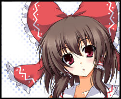Rule 34 | 1girl, :o, bad id, bad pixiv id, blush, border, bow, brown hair, female focus, gradient background, hair bow, hair tubes, hakurei reimu, head tilt, itamochi, looking at viewer, portrait, red eyes, solo, touhou, white background