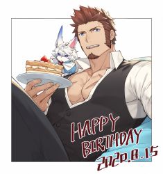 Rule 34 | 00047, 1boy, blue eyes, brown hair, cake, facial hair, fate/grand order, fate (series), food, fou (fate), goatee, happy birthday, highres, large pectorals, long sideburns, long sleeves, looking at viewer, male focus, muscular, muscular male, napoleon bonaparte (fate), official alternate costume, open clothes, pants, pectorals, scar, short hair, sideburns, solo, tight clothes, unbuttoned, very short hair
