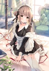 Rule 34 | 1girl, apron, armchair, black dress, blush, book, breasts, brown eyes, brown hair, chair, cleavage, closed mouth, collared dress, commentary request, double bun, dress, frilled apron, frills, garter straps, hair bun, highres, indoors, irori, long hair, long sleeves, looking at viewer, maid, maid apron, maid headdress, medium breasts, original, puffy long sleeves, puffy sleeves, solo, thighhighs, very long hair, white apron, white thighhighs
