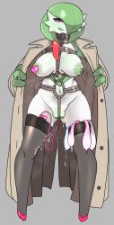 Rule 34 | 1girl, :d, bdsm, black thighhighs, bondage, bound, breasts, censored, closed mouth, coat, collar, colored nipples, condom, creatures (company), fishnet thighhighs, fishnets, full body, game freak, gardevoir, gen 3 pokemon, green hair, green nipples, grey background, heart pasties, highres, large breasts, looking at viewer, mosaic censoring, naked coat, naughty face, navel, nintendo, nipples, no humans, object insertion, open mouth, pasties, pokemon, pokemon (creature), pussy, pussy juice, red eyes, rope, sex toy, shibari, short hair, simple background, smile, solo, standing, thighhighs, tongue, tongue out, treanchcoat, uenoshita sayuu, used condom, vaginal, vaginal object insertion, vibrator, vibrator cord, vibrator in thighhighs