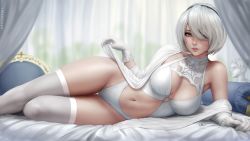 Rule 34 | 1girl, breasts, bride, cleavage, cleavage cutout, clothing cutout, feet, hair over one eye, large breasts, legs, leotard, navel, nier:automata, nier (series), parted bangs, sciamano240, solo, thighhighs, underwear, white hair, white theme, white thighhighs, 2b (nier:automata)