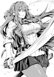 Rule 34 | 1girl, belt, breasts, commentary, cowboy shot, english commentary, eyebrows hidden by hair, floating hair, folded ponytail, from below, gloves, greyscale, hair between eyes, half gloves, half updo, headphones, highres, holding, holding sword, holding weapon, long hair, looking away, loose belt, miniskirt, monochrome, original, pantyhose, parted lips, pleated skirt, ribbed sweater, sakazuki sudama, sheath, simple background, skirt, sleeves past elbows, solo, strap, sweater, sword, unsheathed, very long hair, walking, weapon, white background