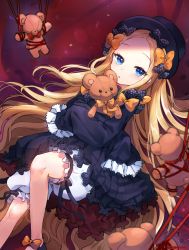 Rule 34 | 1girl, abigail williams (fate), bad id, bad pixiv id, black dress, black hat, blonde hair, bloomers, blue eyes, blush, bound, bow, commentary request, dress, fate/grand order, fate (series), forehead, frilled sleeves, frills, hair bow, hat, highres, hugging object, lerome, long hair, orange bow, parted bangs, polka dot, polka dot bow, red bow, red ribbon, ribbon, ribbon bondage, sleeves past fingers, sleeves past wrists, solo, stuffed animal, stuffed toy, teddy bear, tied up (nonsexual), underwear, very long hair, white bloomers