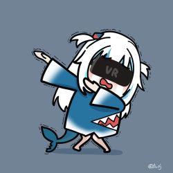 Rule 34 | &gt; &lt;, barefoot, blue hair, blue hoodie, chibi, crying, dab (dance), fins, fish tail, gawr gura, grey background, grey hair, head-mounted display, hololive, hololive english, holomyth, hood, hoodie, knees together feet apart, long hair, multicolored hair, open mouth, otaku cheng, scared, shark tail, sidelocks, signature, standing, streaked hair, streaming tears, tail, tears, trembling, twitter username, two-tone hair, two side up, virtual youtuber, wavy mouth