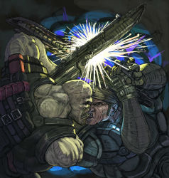 Rule 34 | angry, armor, bald, eye contact, gears of war, gun, looking at another, weapon