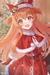 Rule 34 | 1girl, absurdres, animal ears, belt, blurry, blurry background, blush, capelet, christmas, commentary, dress, fingerless gloves, fur-trimmed dress, fur-trimmed gloves, fur-trimmed headwear, fur trim, gloves, hat, highres, horse ears, horse girl, long hair, looking at viewer, mayano top gun (formation: party) (umamusume), mayano top gun (umamusume), miyai (myai04), open mouth, orange eyes, orange hair, red dress, santa costume, signature, smile, solo, two side up, umamusume, upper body