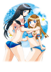 Rule 34 | 2girls, armband, ass, bare shoulders, bikini, black hair, blue eyes, breasts, brown hair, butt crack, castlevania (series), castlevania: harmony of despair, castlevania: order of ecclesia, castlevania: portrait of ruin, charlotte aulin, cleavage, dragonrose, expressionless, feathers, frills, height difference, long hair, looking at viewer, looking back, multiple girls, open mouth, shanoa, sideboob, smile, swimsuit, tattoo