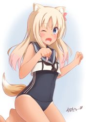 Rule 34 | 10s, 1girl, animal ears, blonde hair, blue eyes, blush, commentary request, covered navel, flower, hair flower, hair ornament, highres, kantai collection, kapatarou, kemonomimi mode, leg up, long hair, looking at viewer, one-piece tan, one eye closed, open mouth, ro-500 (kancolle), sailor collar, school swimsuit, smile, solo, swimsuit, swimsuit under clothes, tail, tan, tanline