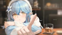 Rule 34 | 1girl, ahoge, alcohol, bar (place), beret, blue hair, blue jacket, blurry, blurry background, blush, braid, cup, elf, fur trim, hair between eyes, half updo, hand on own arm, hat, highres, hololive, jacket, kanoe (tatsukanoe), long hair, off shoulder, pointing, pointing at viewer, pointy ears, solo, virtual youtuber, white hat, yellow eyes, yukihana lamy