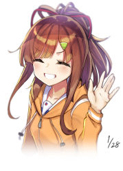 Rule 34 | 1girl, blurry, blush, brown hair, closed eyes, commentary request, dated, depth of field, facing viewer, grin, hair ornament, hair ribbon, hairclip, hand up, high school fleet, hood, hooded jacket, irizaki mei, jacket, long hair, long sleeves, minutachi, ponytail, red ribbon, ribbon, sidelocks, simple background, smile, solo, upper body, white background, zipper pull tab
