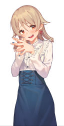 Rule 34 | 1girl, absurdres, blue dress, blue nails, blush, brown eyes, commentary request, dress, drill hair, earrings, hair between eyes, highres, idolmaster, idolmaster cinderella girls, jewelry, kotoribako, light brown hair, long hair, looking at viewer, morikubo nono, nail polish, open mouth, short hair, simple background, solo, teeth, upper teeth only, white background