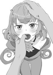 Rule 34 | 1girl, 1other, blush, copyright request, finger in another&#039;s mouth, greyscale, headpat, highres, looking at viewer, monochrome, osame, pantyhose, sanpaku, simple background, sitting, solo focus, tears, thigh gap, upturned eyes, white background