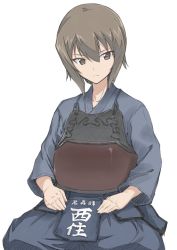Rule 34 | 10s, 1girl, alternate costume, blue hakama, blue shirt, bougu, character name, closed mouth, commentary request, girls und panzer, hakama, hakama skirt, halcon, hands on lap, highres, japanese clothes, kendo, light frown, long sleeves, looking at viewer, nishizumi maho, seiza, shirt, short hair, simple background, sitting, skirt, solo, white background