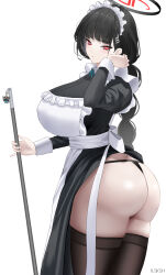 Rule 34 | 1girl, absurdres, alternate costume, apron, artist name, ass, black dress, black hair, black halo, black panties, black thighhighs, blue archive, blush, breasts, closed mouth, commentary, dress, from side, halo, highres, holding, holding staff, huge ass, ilsksh, juliet sleeves, large breasts, long hair, long sleeves, looking at viewer, low-braided long hair, low-tied long hair, maid apron, maid headdress, panties, puffy sleeves, red eyes, rio (blue archive), solo, staff, thighhighs, underwear, white apron
