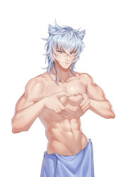 Rule 34 | 1boy, abs, absurdres, aluo 7762, animal ears, arknights, collarbone, grey eyes, groin, hair between eyes, heart, heart hands, highres, leopard ears, looking at viewer, male focus, muscular, short hair, silver hair, silverash (arknights), simple background, solo, topless male, upper body, white background