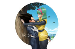 Rule 34 | 1girl, 3boys, alien, aqua hair, armor, artist request, black hair, blue eyes, blue sky, breast press, breasts, bulma, crop top, cropped vest, dende, dragon ball, dragonball z, embarrassed, expressionless, face to breasts, femdom, hairband, hetero, large breasts, medium hair, multiple boys, muscular, muscular male, short hair, simple background, size difference, sky, sleeveless, son gohan, spiked hair, tree, vegeta, vest