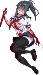 Rule 34 | 1girl, absurdres, ayano aishi, black eyes, black hair, black legwear, blood, blood on clothes, collared shirt, full body, highres, kjech, knife, looking at viewer, necktie, open mouth, ponytail, school uniform, shirt, short sleeves, skirt, solo, transparent background, yandere simulator
