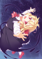 Rule 34 | 1girl, blonde hair, blush, fang, from above, gradient background, hair ribbon, highres, long sleeves, looking up, mary janes, open mouth, outstretched arms, racer (magnet), red eyes, red footwear, ribbon, rumia, shoes, short hair, skirt, smile, solo, touhou, vest