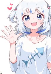Rule 34 | 1girl, :d, blue eyes, blue hair, breasts, collarbone, commentary, gawr gura, hair ornament, hand up, heart, highres, hololive, hololive english, long hair, looking at viewer, multicolored hair, open mouth, romaji commentary, sharp teeth, shirt, short sleeves, signature, silver hair, simple background, small breasts, smile, solo, streaked hair, teeth, tosyeo, two side up, upper body, virtual youtuber, white background, white shirt, wide sleeves