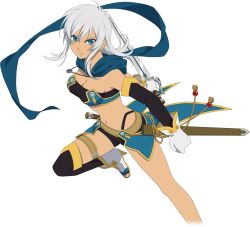 Rule 34 | 1girl, bandeau, blue hair, blue scarf, breasts, cleavage, commentary, dark-skinned female, dark skin, elbow gloves, english commentary, gloves, highres, holding, holding sword, holding weapon, medium breasts, navel, official art, rondoline e effenberg, scarf, shirt, sidelocks, solo, sword, tales of (series), tales of asteria, tales of phantasia, tales of phantasia: narikiri dungeon x, taut clothes, taut shirt, toeless footwear, weapon, white hair