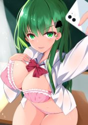 Rule 34 | 1girl, bow, bowtie, bra, breasts, cellphone, cleavage, from above, green eyes, green hair, hair ornament, hairclip, hand on own chest, highres, indoors, kantai collection, large breasts, long hair, looking at viewer, no pants, open clothes, open mouth, open shirt, panties, phone, pink bra, pink panties, shirt, sidelocks, sitting, smartphone, solo, suzuya (kancolle), ton ton tontoro, underwear, white shirt