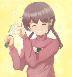 Rule 34 | 1girl, absurdres, brown hair, daisy, flower, garret (broadheadarrow), highres, holding, holding knife, knife, madotsuki, pink sweater, smile, sweater, twintails, yellow background, yume nikki