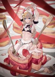 Rule 34 | 1girl, a-soul, absurdres, ahoge, armpits, arms up, bigroll, bikini, black bikini, blue eyes, blurry, blush, bow, bowtie, braid, breasts, brown hair, cake, chinese commentary, closed mouth, commentary, detached sleeves, diana (a-soul), food, fork, frilled sleeves, frills, fruit, full body, hair between eyes, hair bow, hair ornament, highres, long hair, maid, maid bikini, maid headdress, mini person, minigirl, nail polish, navel, no shoes, pink nails, plate, red ribbon, ribbon, see-through, sitting, small breasts, solo, strawberry, swimsuit, thighhighs, unconventional maid, virtual youtuber, wariza, white thighhighs, wrist cuffs