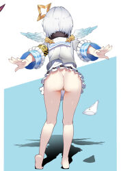 Rule 34 | 1girl, absurdres, amane kanata, amane kanata (1st costume), angel wings, armband, ass, bandaid, bandaid on pussy, barefoot, black skirt, bottomless, commentary request, feathered wings, frilled skirt, frills, from behind, full body, grey hair, grey jacket, halo, highres, hololive, jacket, leaning forward, long sleeves, medium hair, mini wings, outstretched arms, panties, sailor collar, shadow, shirt, skirt, solo, standing, star halo, underwear, unworn panties, virtual youtuber, white panties, white sailor collar, white shirt, wide sleeves, wings, zonzu