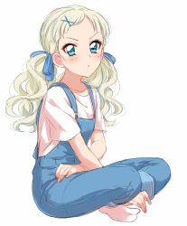 Rule 34 | &gt;:o, 1girl, :o, aikatsu!, aikatsu! (series), aqua eyes, blonde hair, blue pants, blush, commentary, from side, full body, hair ornament, highres, indian style, long hair, looking at viewer, no shoes, overalls, pants, parted lips, sekina, shirt, short sleeves, simple background, sitting, socks, solo, todo yurika, twintails, v-shaped eyebrows, white background, white shirt, white socks, x hair ornament