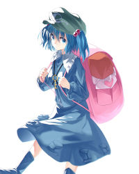 Rule 34 | 1girl, backpack, bag, blue dress, blue eyes, boots, dress, hair bobbles, hair ornament, hat, highres, ibuki notsu, kawashiro nitori, key, looking at viewer, rubber boots, shirt, simple background, skirt, skirt set, solo, touhou, twintails, two side up, white background