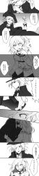 Rule 34 | 1boy, 1girl, absurdres, boots, cloak, comic, edmond dantes (fate), fate/grand order, fate (series), fujimaru ritsuka (female), greyscale, grin, hair ornament, hair scrunchie, hand up, hat, highres, knee boots, long image, long sleeves, monochrome, pantyhose, parted lips, pleated skirt, scrunchie, side ponytail, skirt, smile, speech bubble, tall image, tiptoes, uniform, uraha, wiping mouth