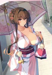 Rule 34 | 1girl, alternate costume, alternate hairstyle, breasts, brown hair, building, cherry blossoms, day, flower, hair bun, hair flower, hair intakes, hair ornament, highres, himeyamato, holding, holding umbrella, iowa (kancolle), japanese clothes, kantai collection, kimono, large breasts, multicolored clothes, multicolored kimono, obi, outdoors, pink kimono, red eyes, road, sash, sidelocks, solo, standing, street, two-tone kimono, umbrella, white kimono, yamato (kancolle)