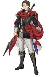 Rule 34 | 1boy, absurdres, adapted costume, armor, belt, boots, brown eyes, brown hair, commentary, ebinku, facial hair, fire emblem, fire emblem: genealogy of the holy war, full body, hand on own hip, highres, lance, male focus, mustache, nintendo, oifey (fire emblem), open mouth, pants, polearm, serious, shoulder armor, solo, standing, sword, weapon, white background
