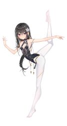 Rule 34 | 1girl, absurdres, armpits, bare arms, black eyes, black hair, black leotard, braid, braided ponytail, breasts, cleavage, closed mouth, cmpx8522, flower, full body, gymnastics, hair flower, hair ornament, hairpin, hand up, highres, legs, leotard, lily (flower), long hair, looking at viewer, original, outstretched arm, pantyhose, plantar flexion, rhythmic gymnastics, simple background, single sidelock, small breasts, smile, solo, standing, standing on one leg, stretching, tachi-e, toes, white background, white flower, white pantyhose
