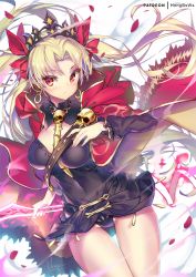 Rule 34 | 1girl, blonde hair, blush, breasts, cape, commentary request, earrings, ereshkigal (fate), fate/grand order, fate (series), hair ribbon, hong (white spider), jewelry, long hair, looking at viewer, medium breasts, parted bangs, red eyes, red ribbon, ribbon, skull, solo, tiara, two side up