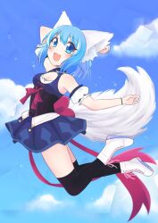 Rule 34 | 1girl, animal ears, bare shoulders, blue dress, blue eyes, blue hair, bracelet, breasts, cleavage, commentary, corset, dot nose, dress, english commentary, full body, highres, indie virtual youtuber, jewelry, jumping, kneehighs, pale skin, short hair, smile, socks, solo, tail, thighs, virtual youtuber, white footwear, wolf ears, wolf girl, wolf tail, wolfychu, wolfychu (artist)